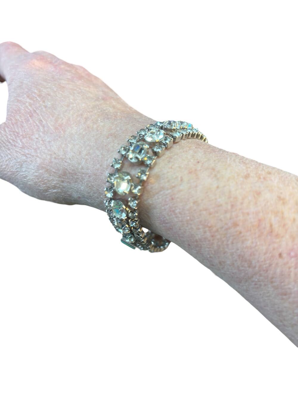 Vintage Rhinestone Tennis Bracelet Double Row Clear Glass Restored Glam